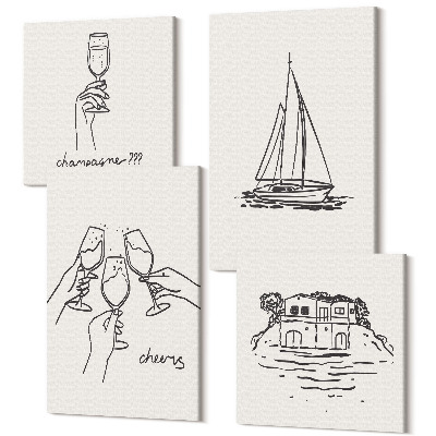 Tablou 4 piese Vederi spre casă lângă apă, toast cu pahare, barca cu pânze