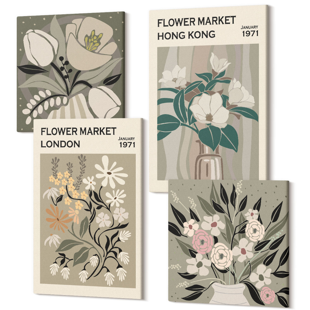 Tablouri multicanvas 4 piese Postere florale Londra Hong Kong ilustrații