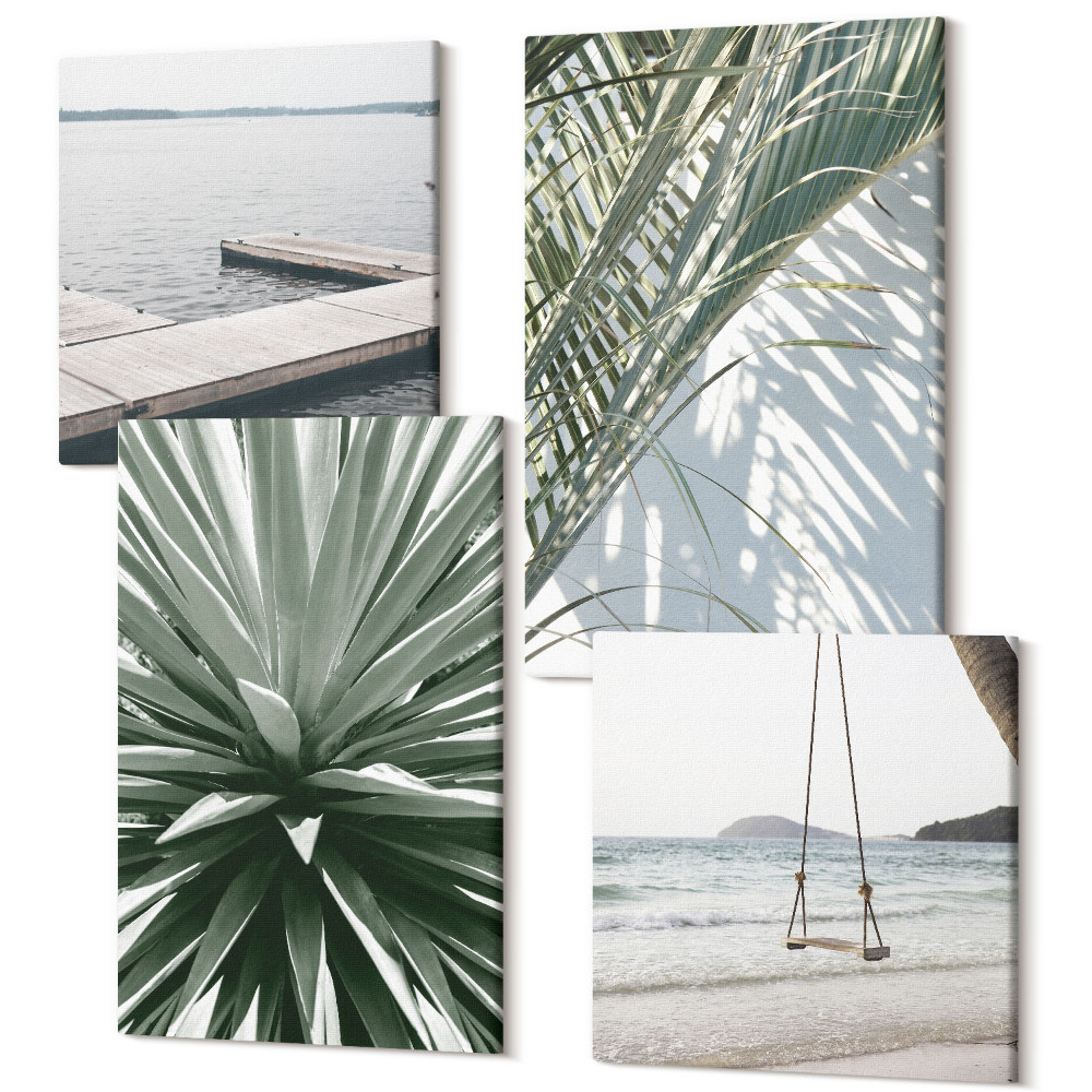 Tablou 4 piese Leagăn de plante cu frunze de palmier și pod de lemn