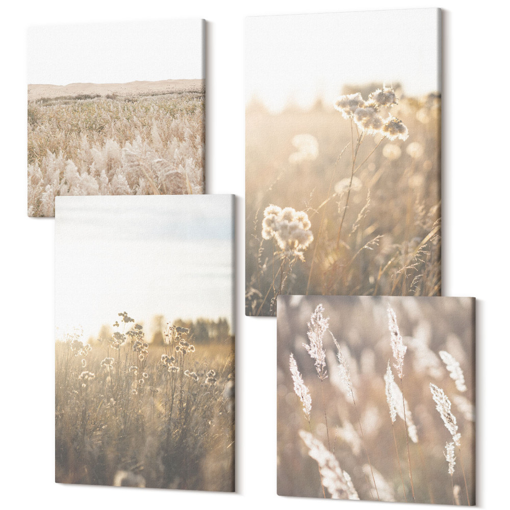 Tablouri multicanvas 4 piese Un peisaj cu ierburi și flori în nuanțe calde