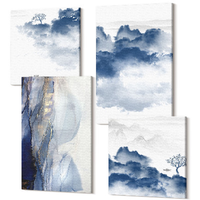 Tablouri multicanvas 4 piese Munții înnoriți cu copaci și păsări în fundal