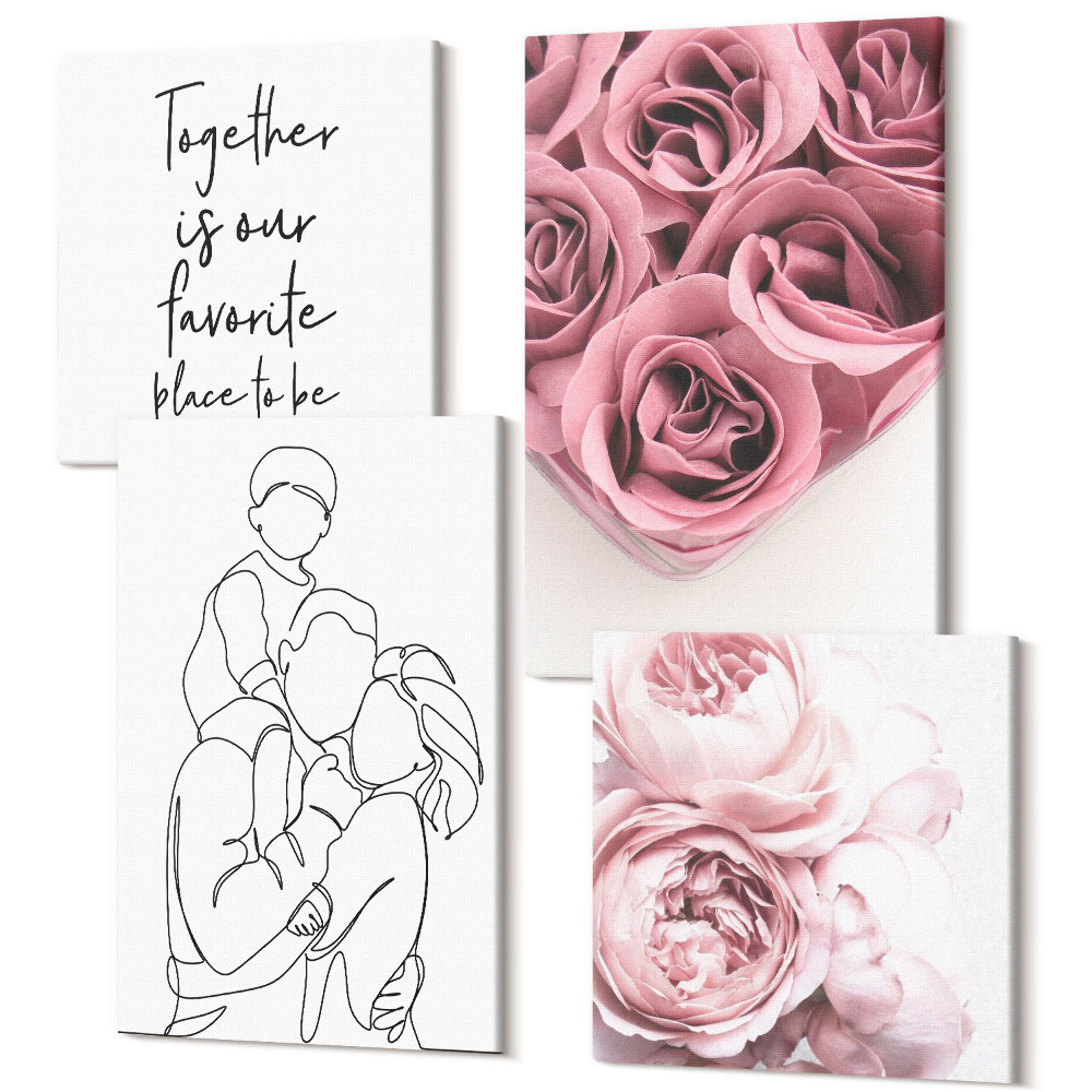 Tablouri canvas set 4 piese Inscripția acasă cu buchete de trandafiri de artă în linie de familie