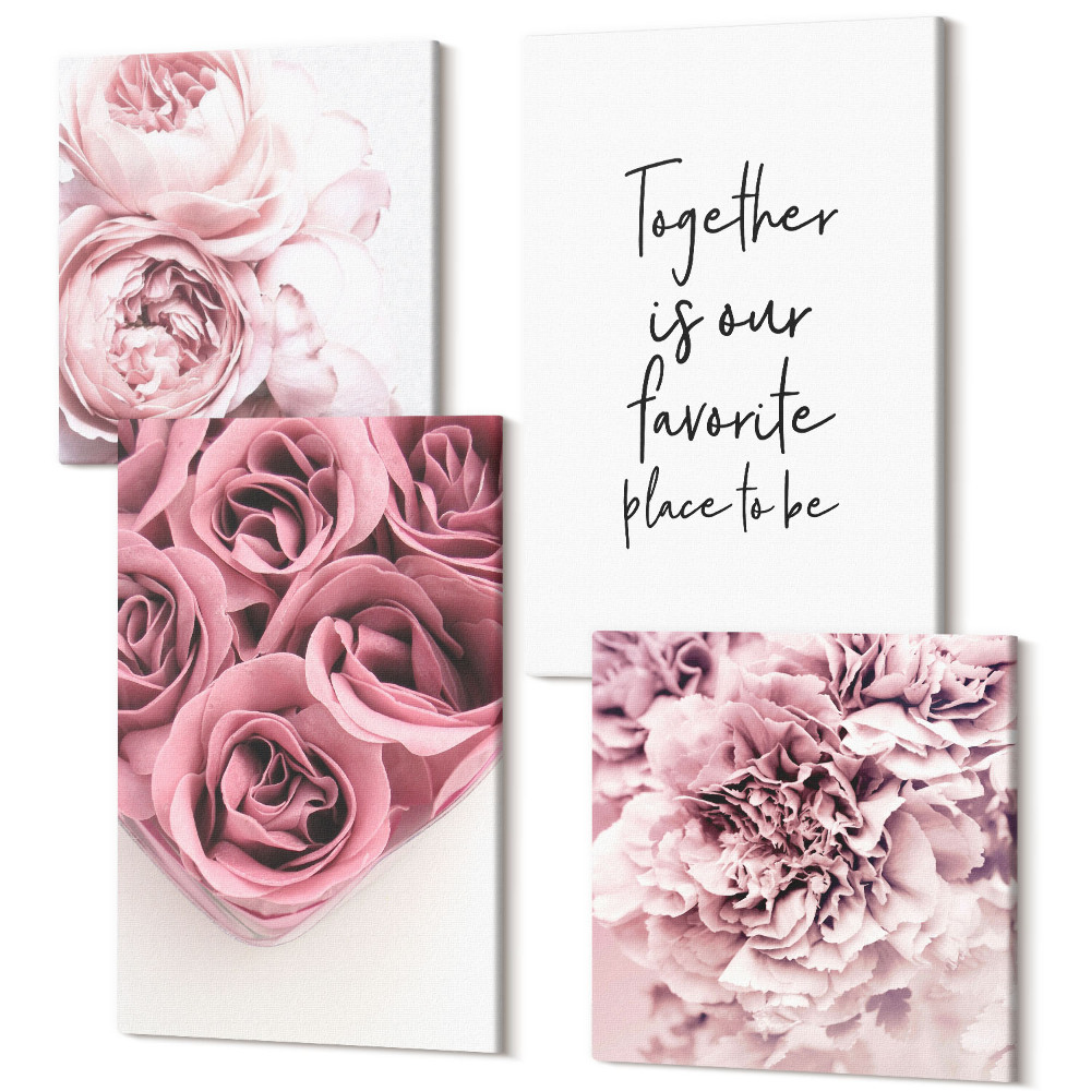 Tablouri multicanvas 4 piese Flori și buchete de trandafiri cu o inscripție de casă
