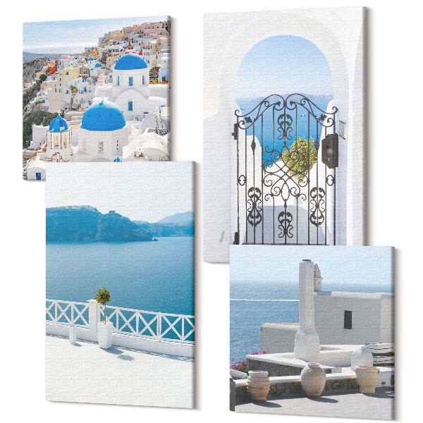 Tablouri multicanvas 4 piese Vedere la mare cu clădiri albe Grecia