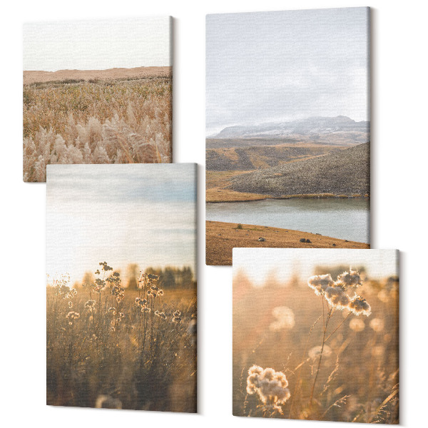 Tablouri canvas set 4 piese Peisaje cu pajiști, munți și un lac în fundal