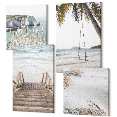 Tablou 4 piese Plaja cu scari de lemn si leagan pe malul marii