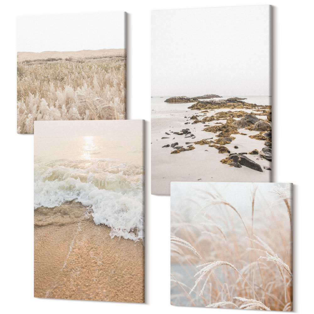 Tablou 4 piese Plaja cu valuri si pietre de mare vara