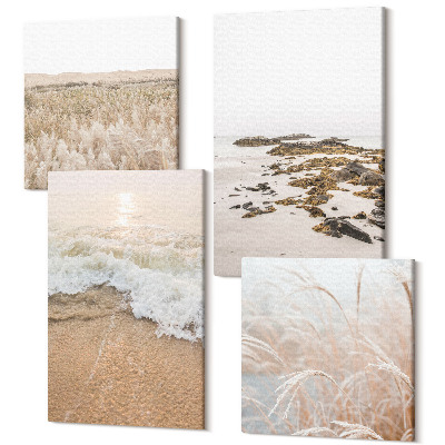 Tablou 4 piese Plaja cu valuri si pietre de mare vara