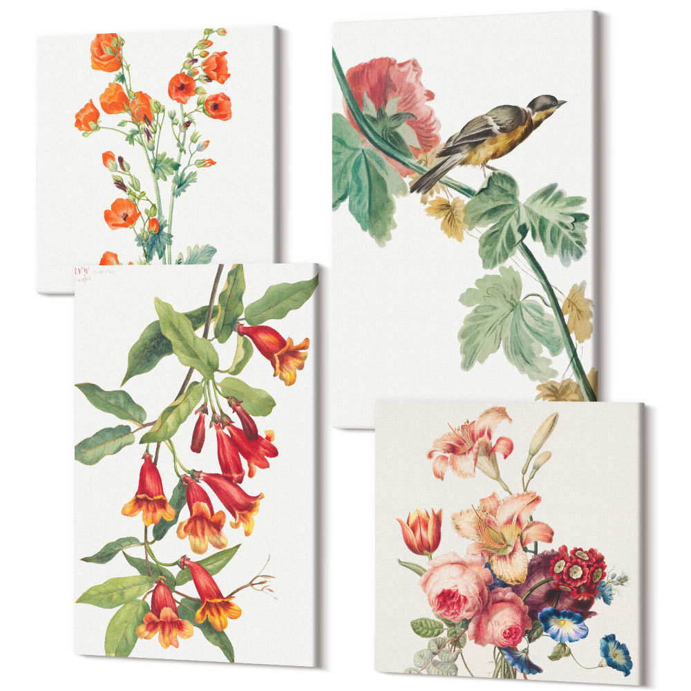 Tablouri canvas set 4 piese Flori retro pictate și o pasăre pe o ramură