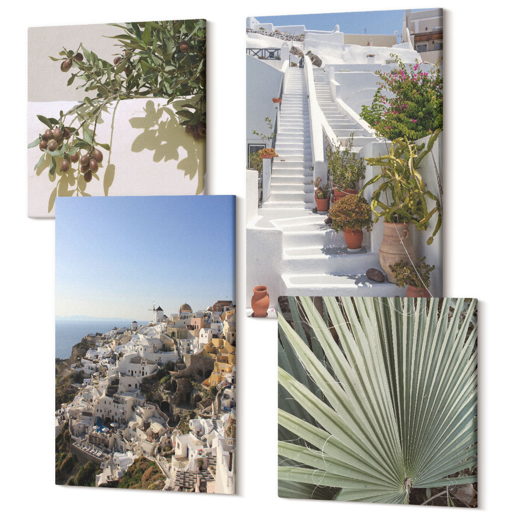 Tablou 4 piese Scări albe în Santorini cu vedere la oraș