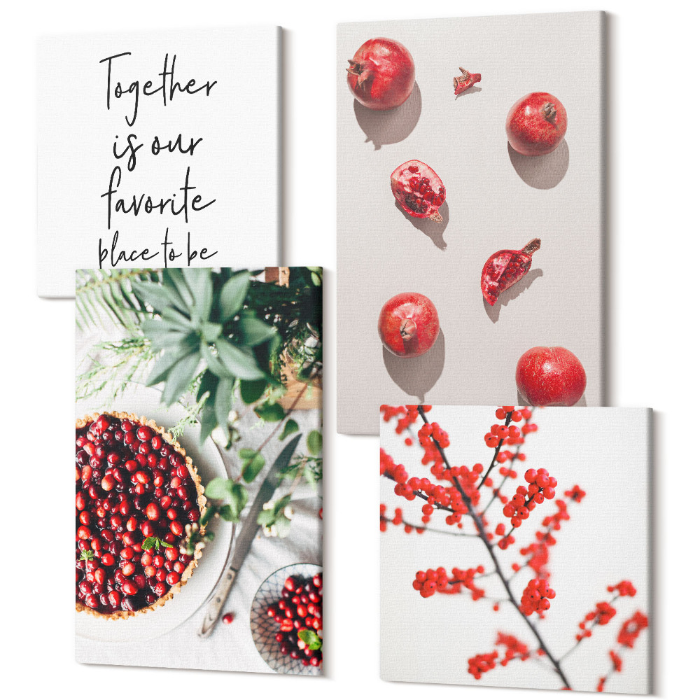 Tablouri canvas set 4 piese Fructe și plante roșii într-un stil minimalist