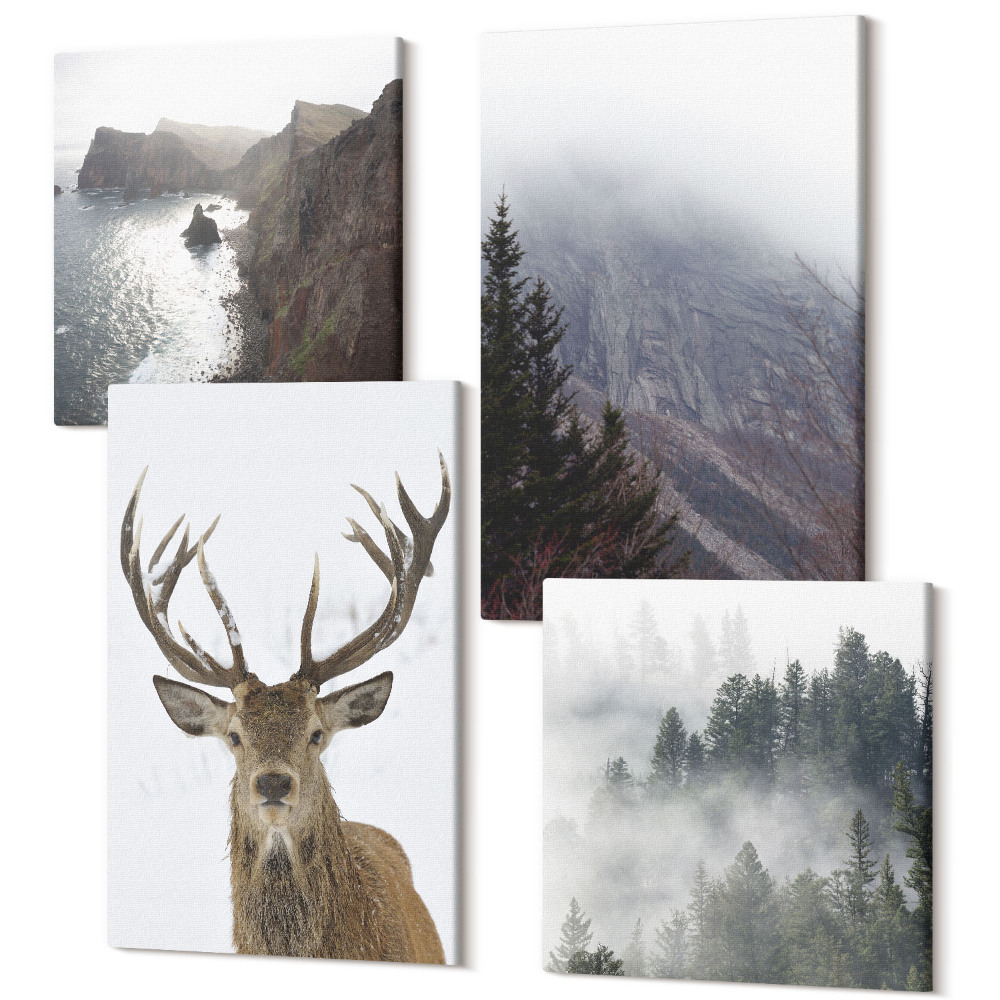 Tablouri multicanvas 4 piese Peisaj montan cu ceață, apă și căprioare