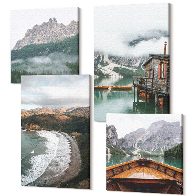 Tablouri multicanvas 4 piese Peisaje montane cu o plajă, o casă de lemn și o barcă