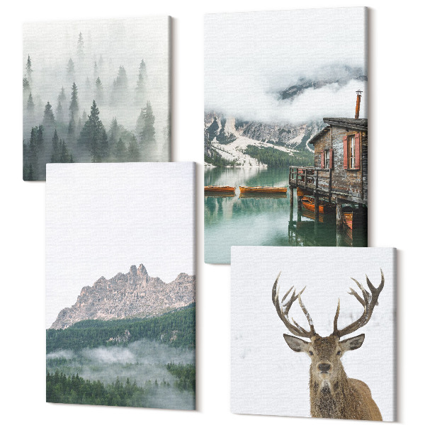Tablouri multicanvas 4 piese Munți, lac, căprioare, colibă și ceață în pădure