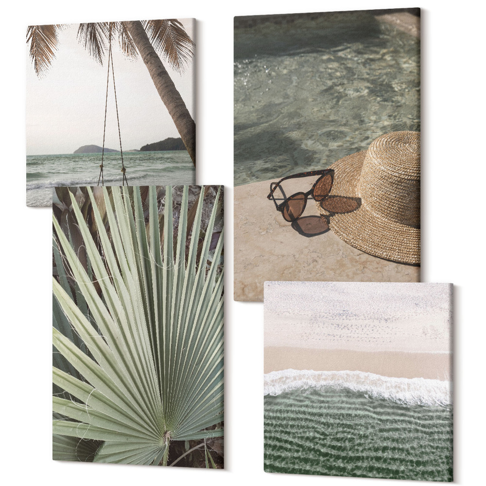 Tablouri canvas set 4 piese Vacanță pe plajă cu leagăn de frunze de palmier