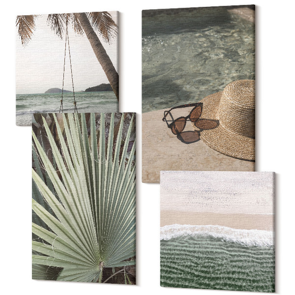 Tablouri canvas set 4 piese Vacanță pe plajă cu leagăn de frunze de palmier