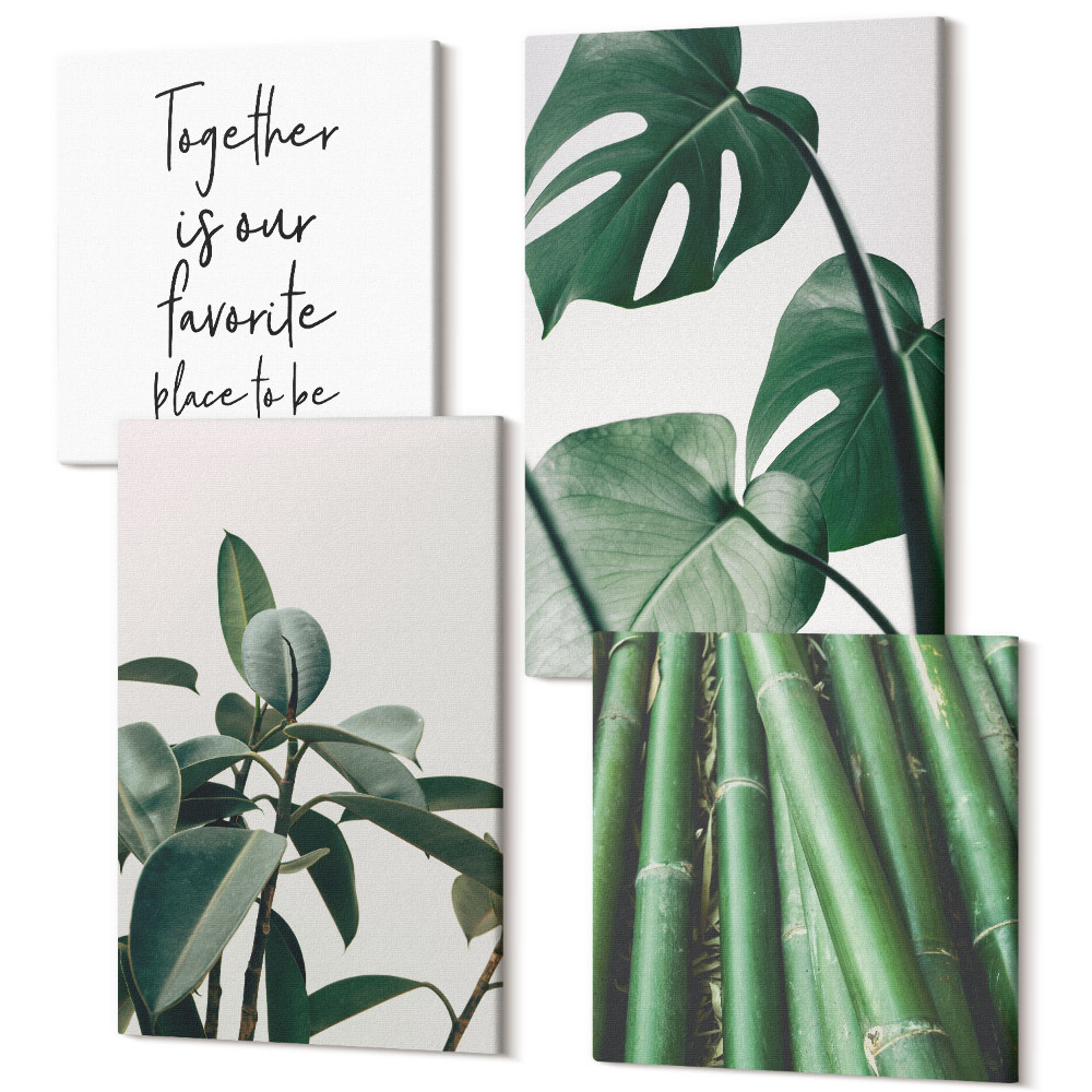 Tablouri multicanvas 4 piese Tulpini de bambus, inscripție de plante și frunze de monstera