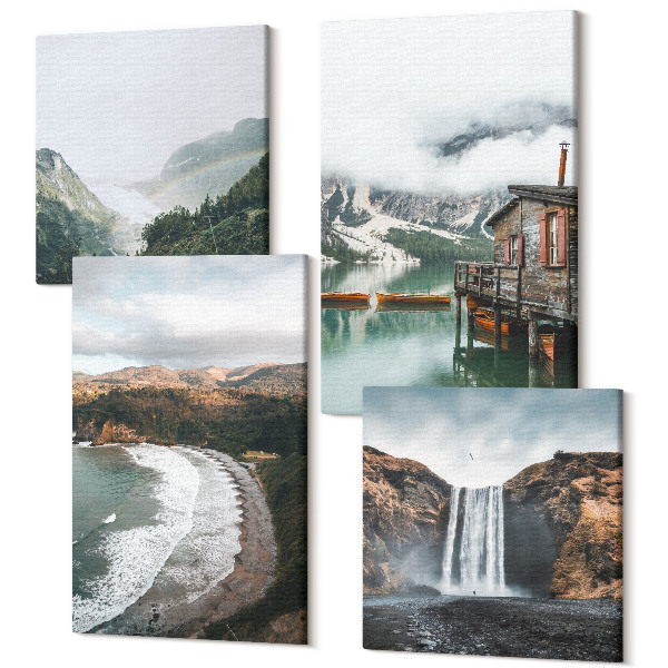 Tablouri multicanvas 4 piese Vederi la munți, plajă, nori și apă