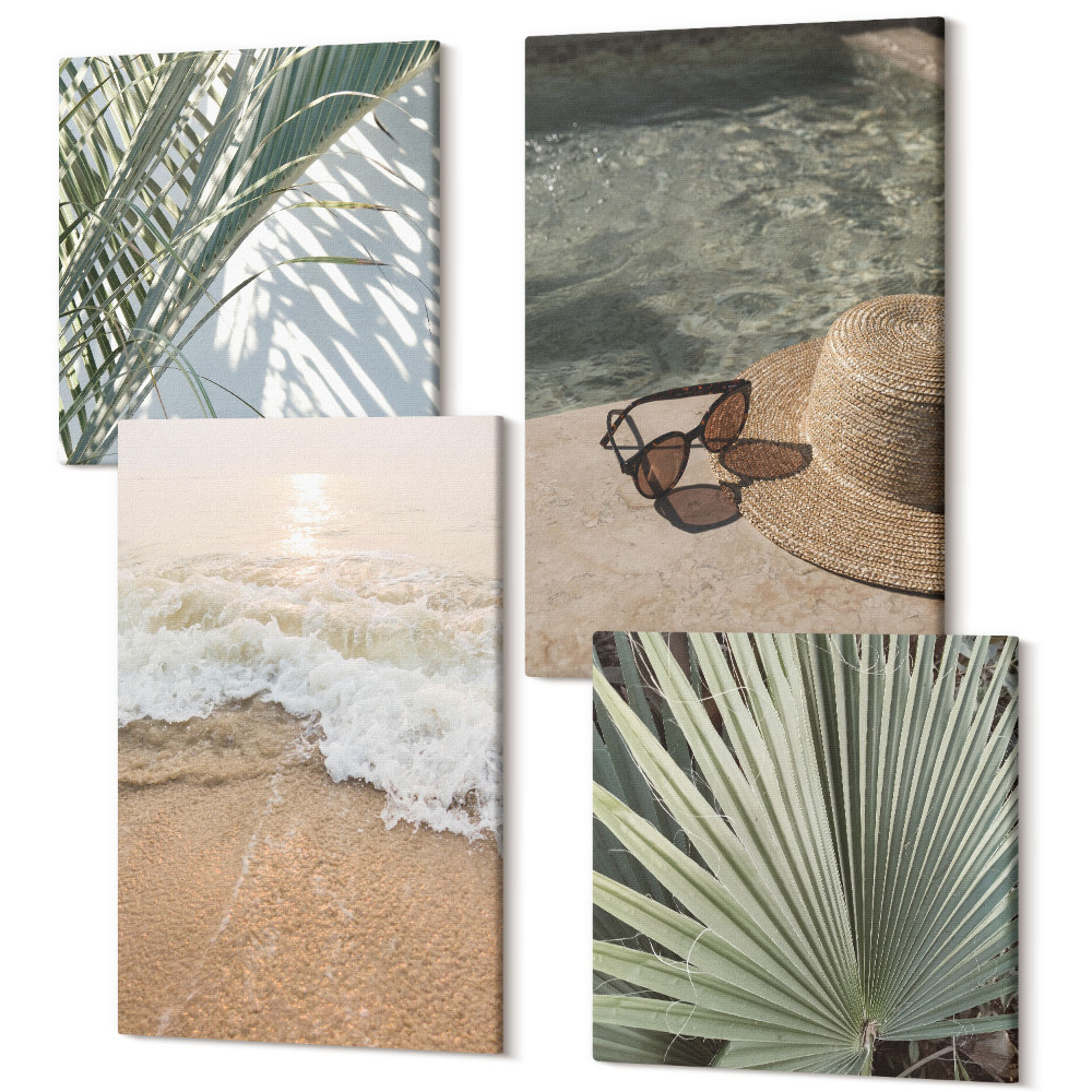 Tablou 4 piese Pălărie de plajă cu apă și frunze de ochelari de soare