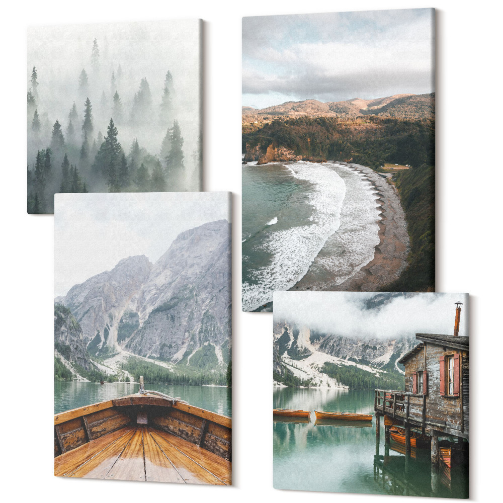 Tablouri canvas set 4 piese Vedere la munți pe lac cu barcă, plajă, ceață în pădure