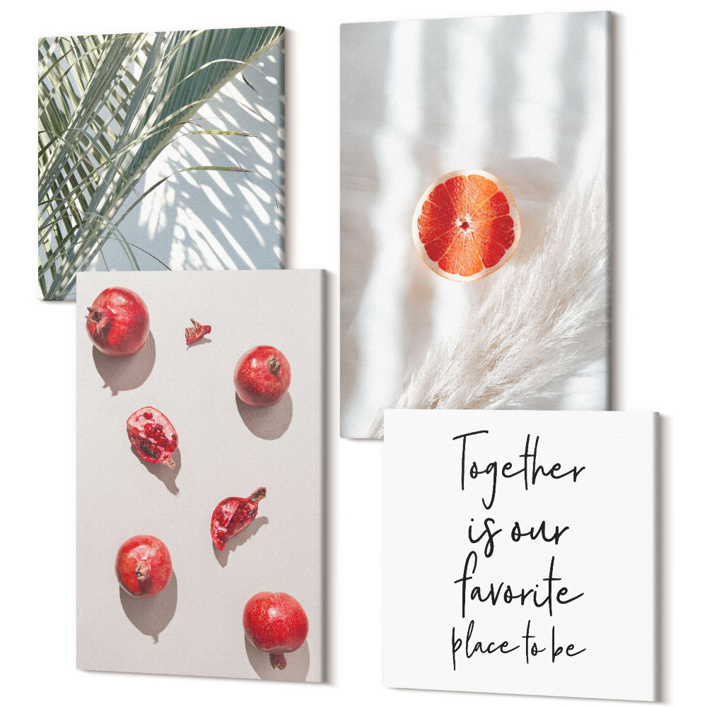 Tablouri multicanvas 4 piese Frunze tropicale de vacanță inscripționare frunze de palmier