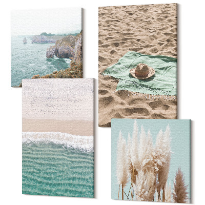 Tablouri multicanvas 4 piese plaja valuri iarba palarie nisip relaxare natura