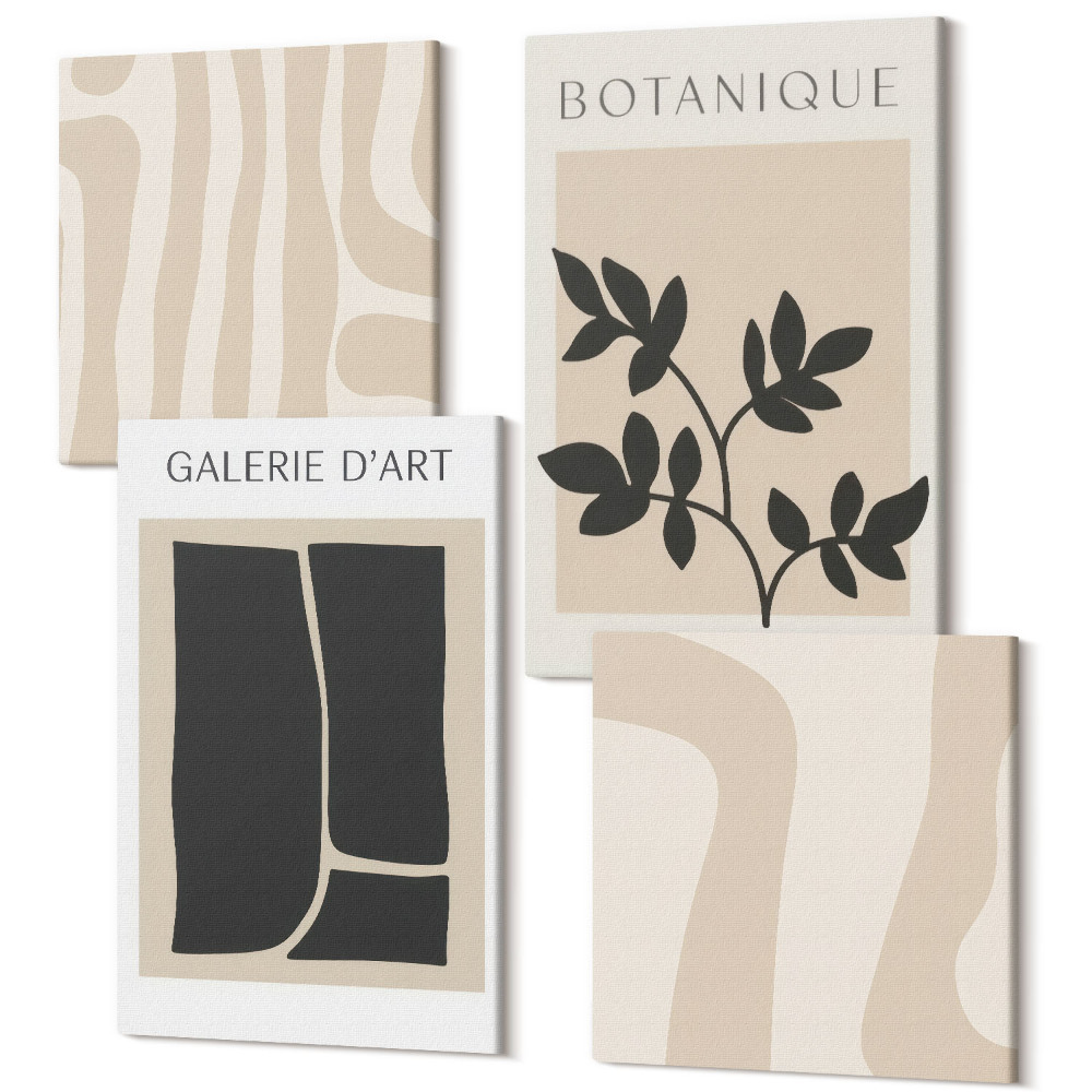 Tablou 4 piese Forme abstracte și motive vegetale în tonuri neutre