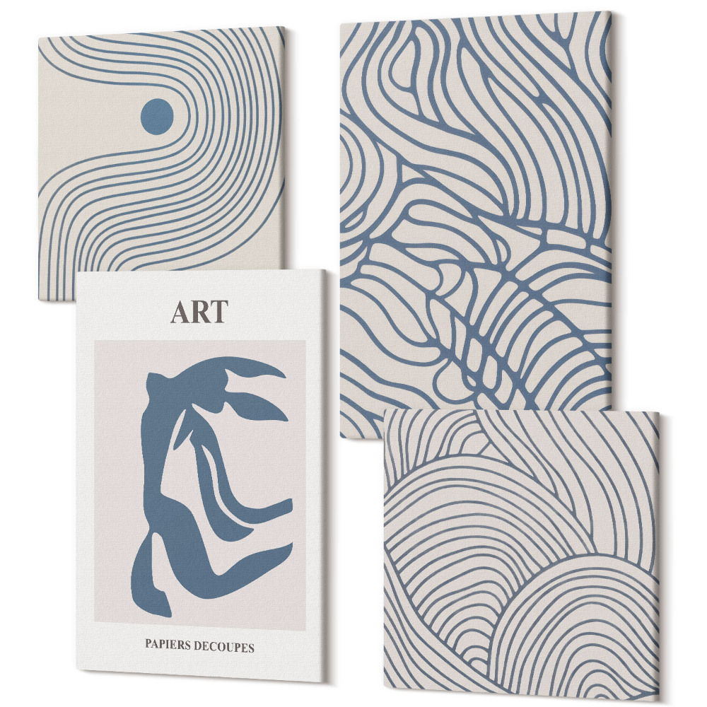 Tablou 4 piese Linii abstracte în nuanțe de albastru și bej