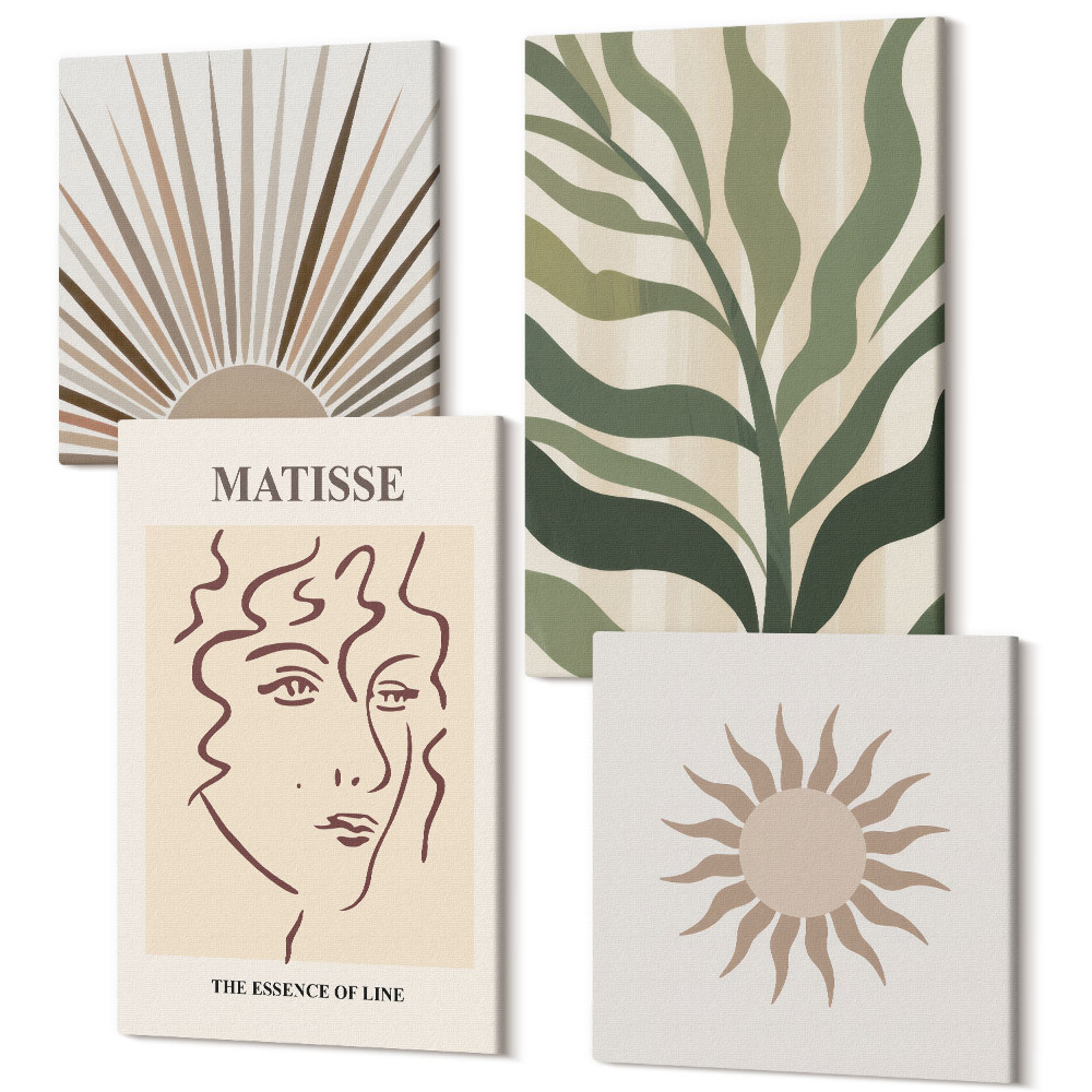 Tablou 4 piese Modele și linii abstracte de plante în culori dezactivate