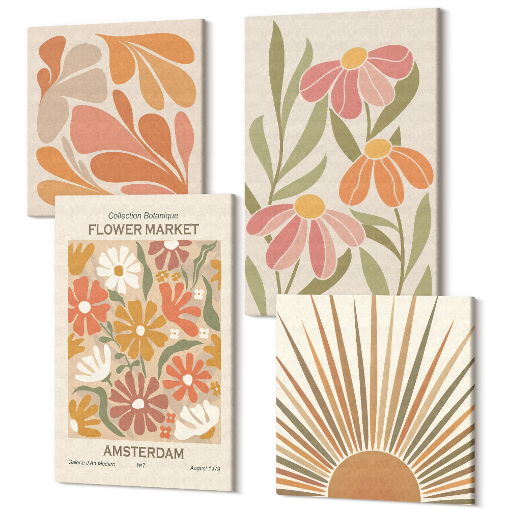 Tablouri canvas set 4 piese Flori în culori pastelate cu raze de soare