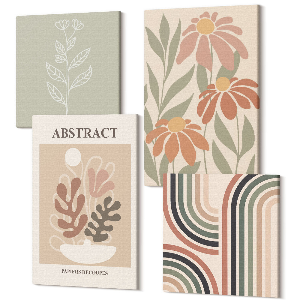 Tablouri multicanvas 4 piese Plante și modele abstracte în culori pastelate