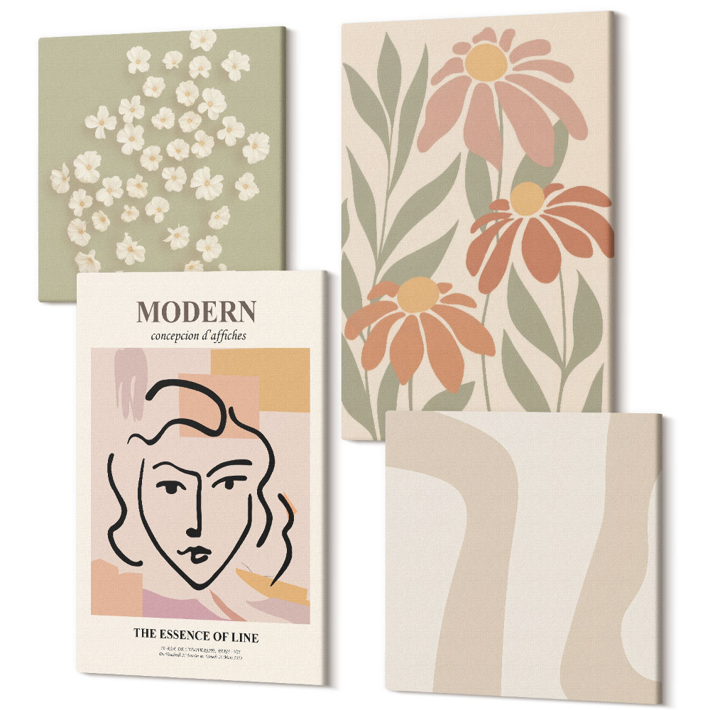 Tablouri canvas set 4 piese Femeie într-un stil modern cu modele abstracte