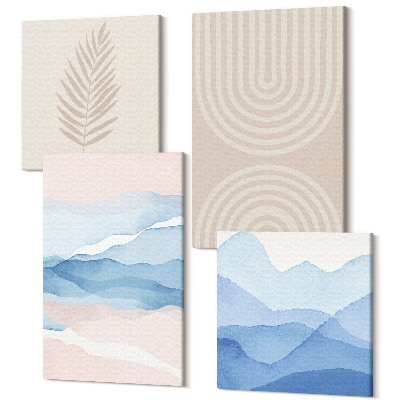 Tablouri canvas set 4 piese Frunze și valuri în nuanțe de bej și albastru