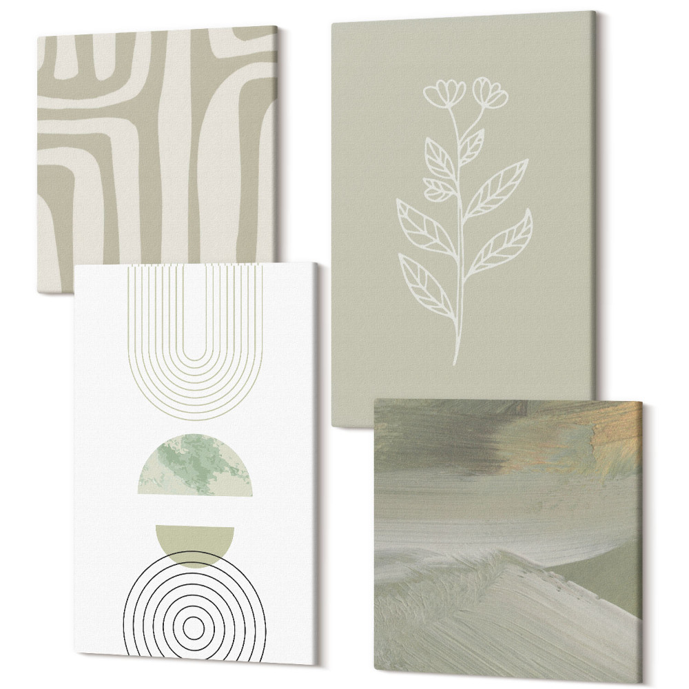Tablou 4 piese Modele geometrice cu accente de plante în nuanțe de verde