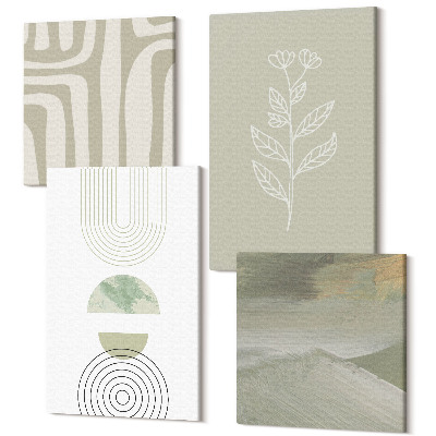 Tablou 4 piese Modele geometrice cu accente de plante în nuanțe de verde