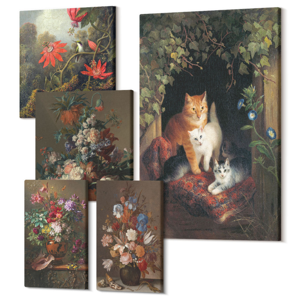 Set tablouri 5 piese Aranjamente florale și pisici vintage adorabile