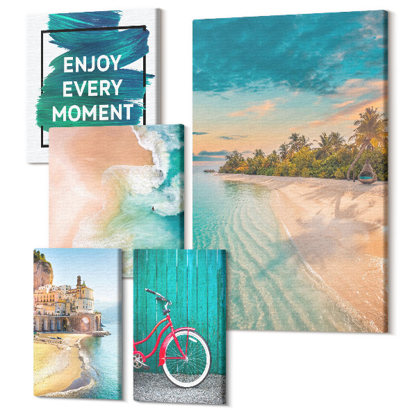 Tablouri canvas set 5 piese Peisaje tropicale cu o bicicletă și o inscripție motivațională