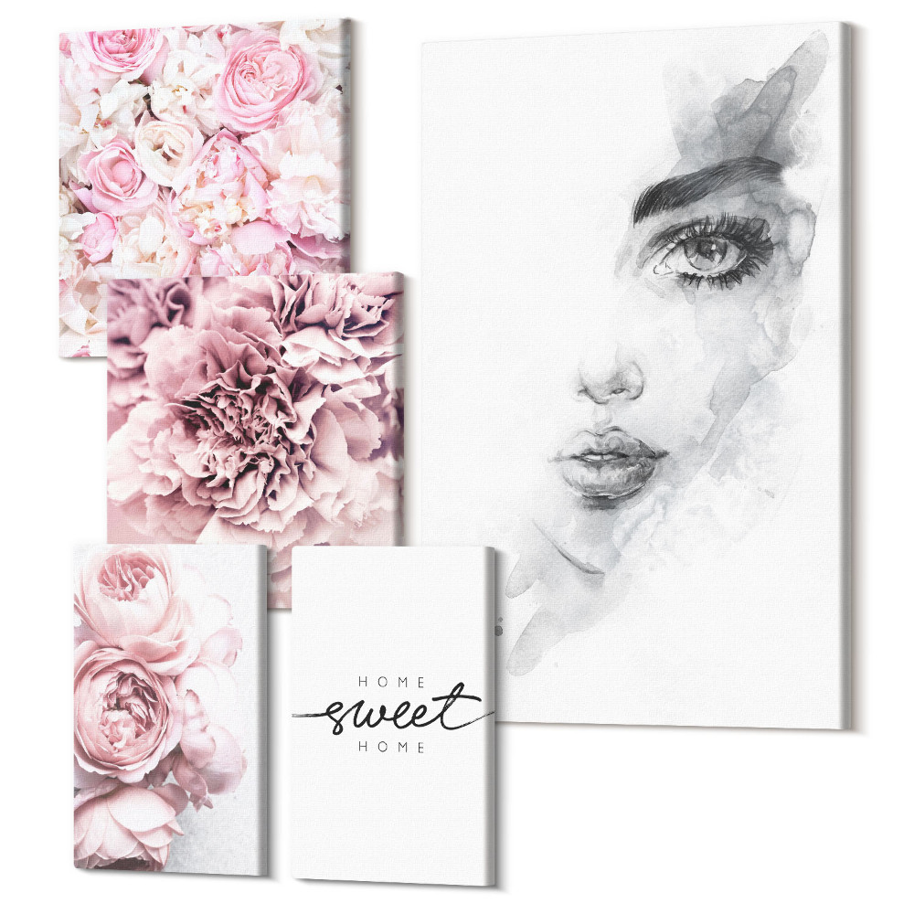 Tablou din 5 piese Accente florale cu un portret și o inscripție despre casă