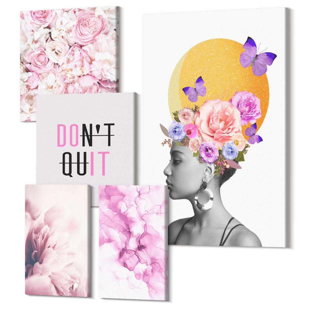 Tablou din 5 piese Motive florale cu o femeie și sloganuri inspiratoare