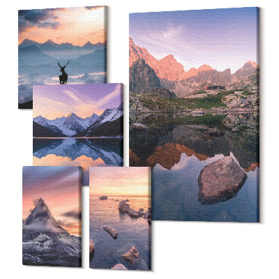 Tablou din 5 piese Peisaje montane cu apusuri si reflexii de apa