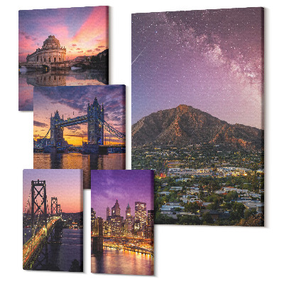 Tablouri canvas set 5 piese Peisaje de orașe și munți pe timp de noapte cu priveliști frumoase