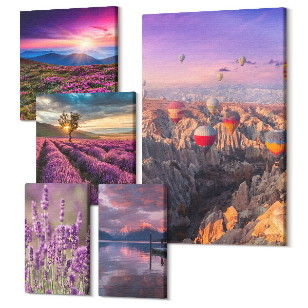 Tablou din 5 piese Peisaje cu lavandă și baloane cu aer cald