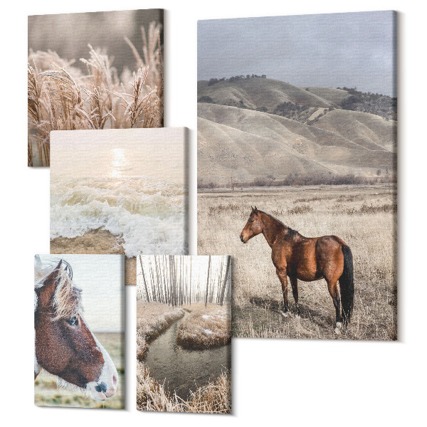 Tablouri canvas set 5 piese Peisaje naturale cu cai si ape linistite