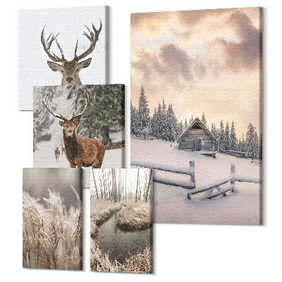 Tablouri canvas set 5 piese Peisaje de iarna cu cerbi si o cabana idilica in padure