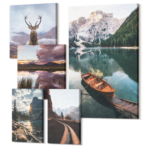 Tablou din 5 piese Peisaje naturale cu munți, lacuri și animale sălbatice