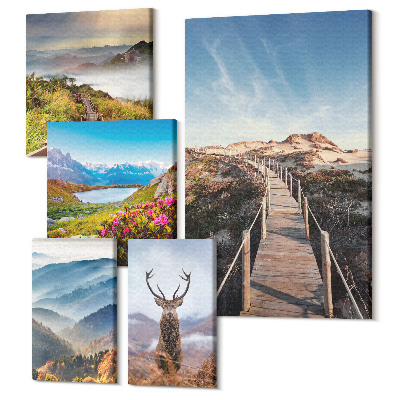 Set tablouri 5 piese Peisaje naturale montane și forestiere cu faună sălbatică