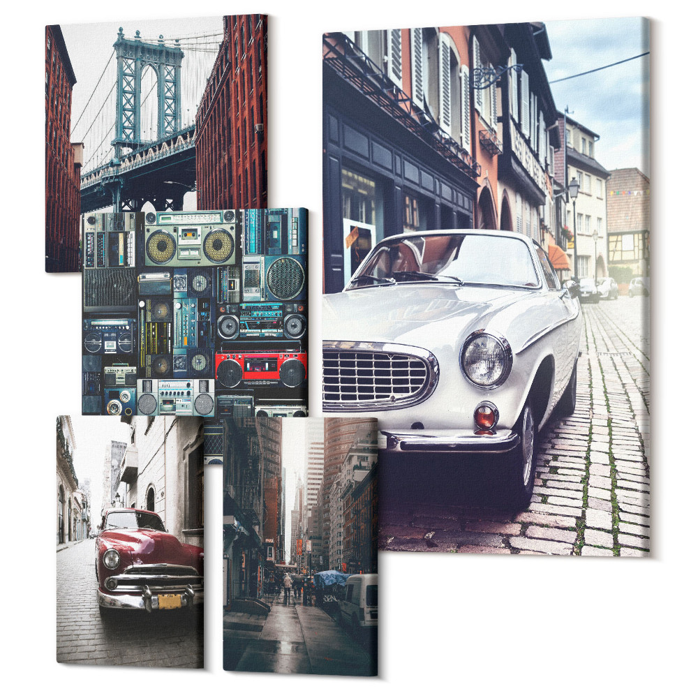 Set tablouri 5 piese Mașini elegante și arhitectură stradală din oraș