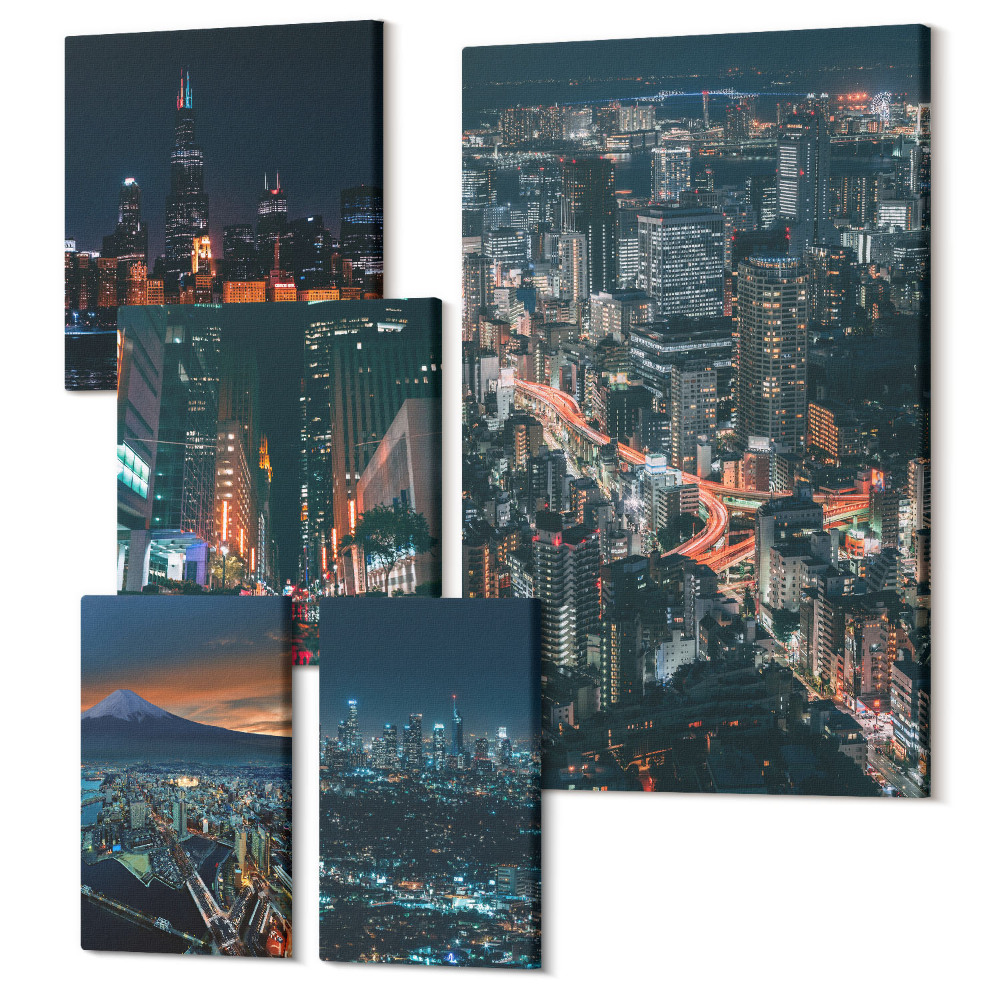 Set tablouri 5 piese Vederi nocturne ale orașelor moderne și ale arhitecturii lor