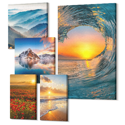 Tablou din 5 piese Peisaje naturale cu mare, munți și flori
