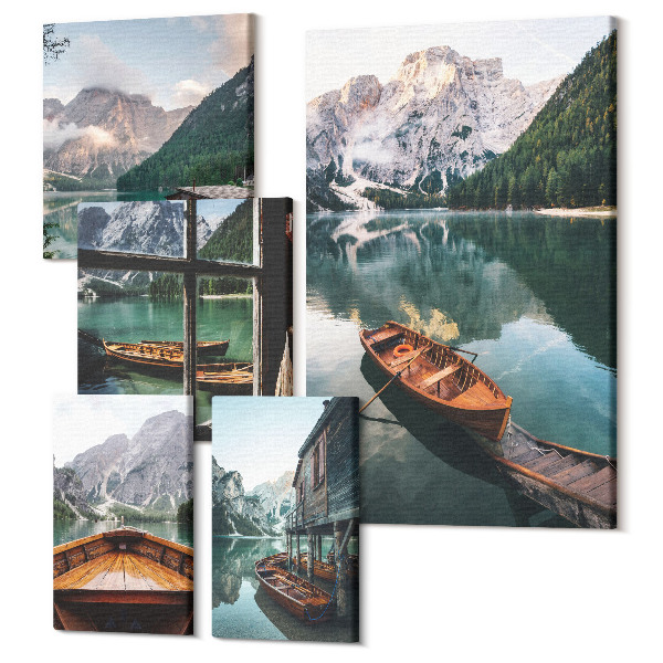 Set tablouri 5 piese Lacuri liniștite și peisaje montane cu bărci